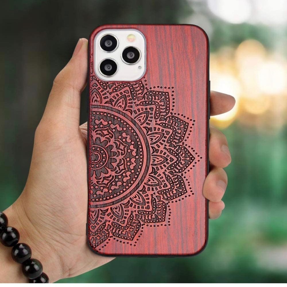 Wood Engraved Case Slim Protective Cover Bumper Case for Apple iPhone 12/12 Pro